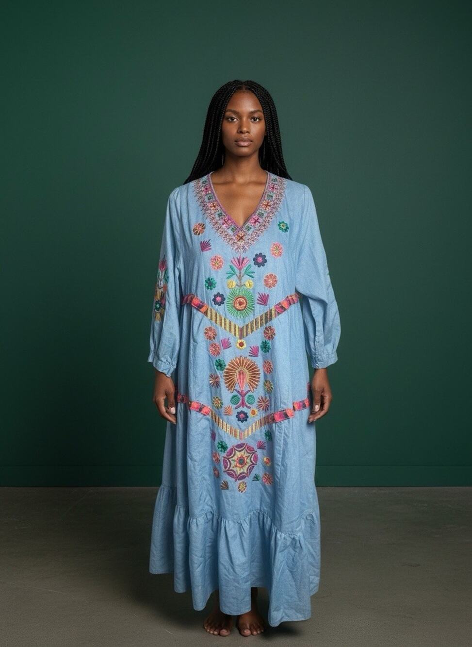Vintage Folk Embroidered Chambray Dress | Farm Rio Inspired | Oversized Boho
